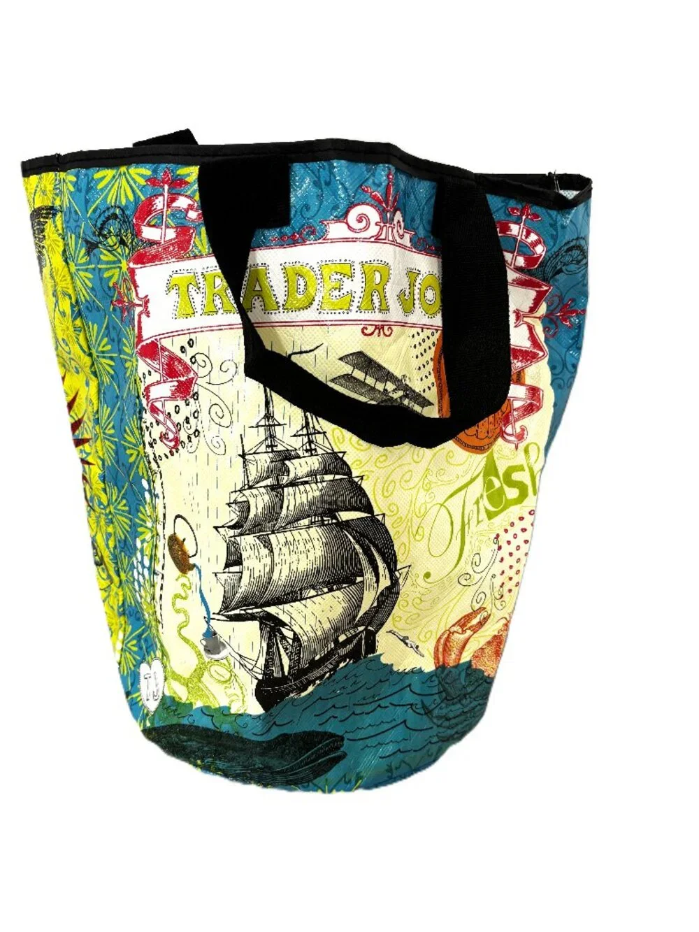 Vintage Trader Joe’s Sailing Ship & Rooster Barrel Shopping Bag EUC